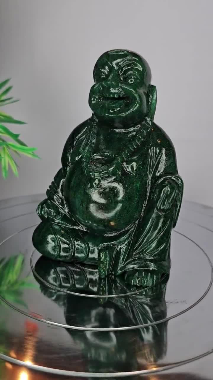 グリーン翡翠の幸せな笑い仏、平和の禅仏、菩薩、瞑想の装飾、ヨガの像