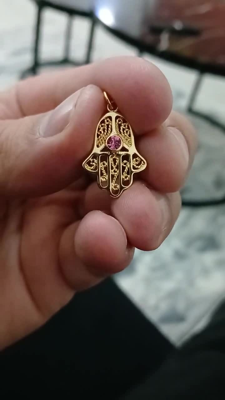 14K Rose Gold Hamsa Hand Necklace - Evil Eye Pendant, Filigree Design, Handcrafted Fine Jewelry, Protection Symbol