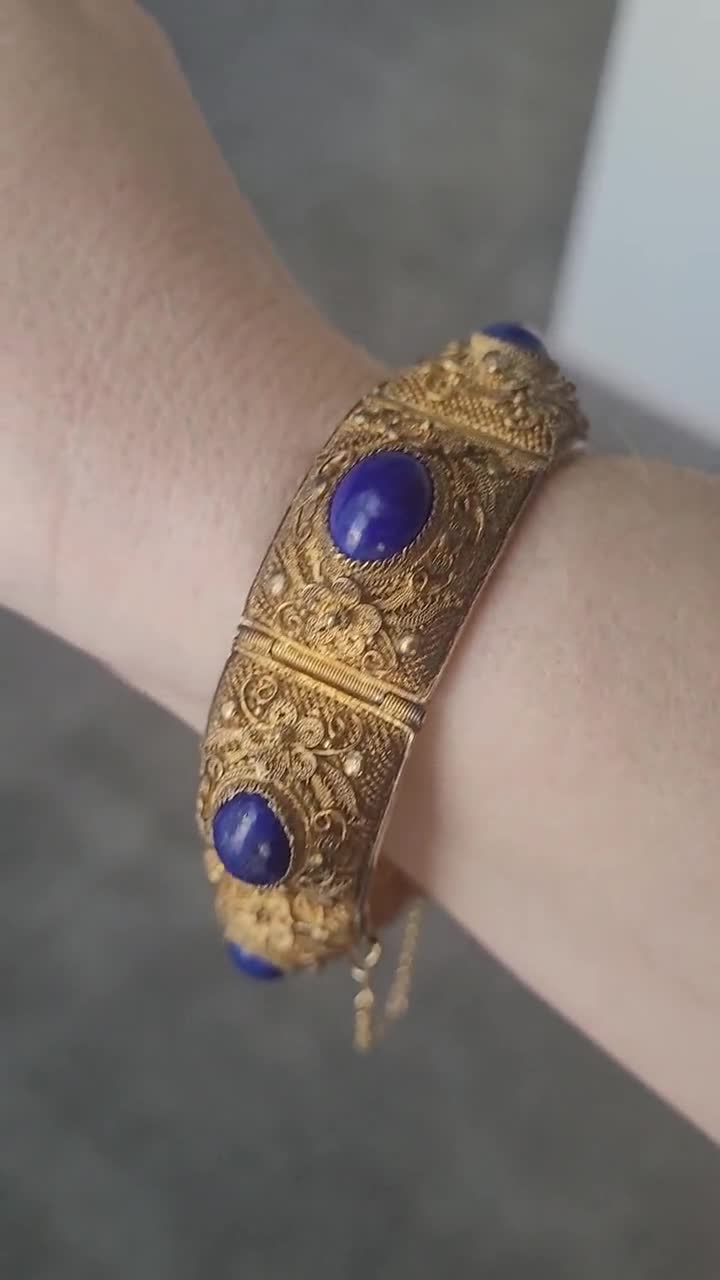 Blue Lapis Lazuli Bracelet with Filigree(SP) Focal cheapest Medallion and Rhinestones