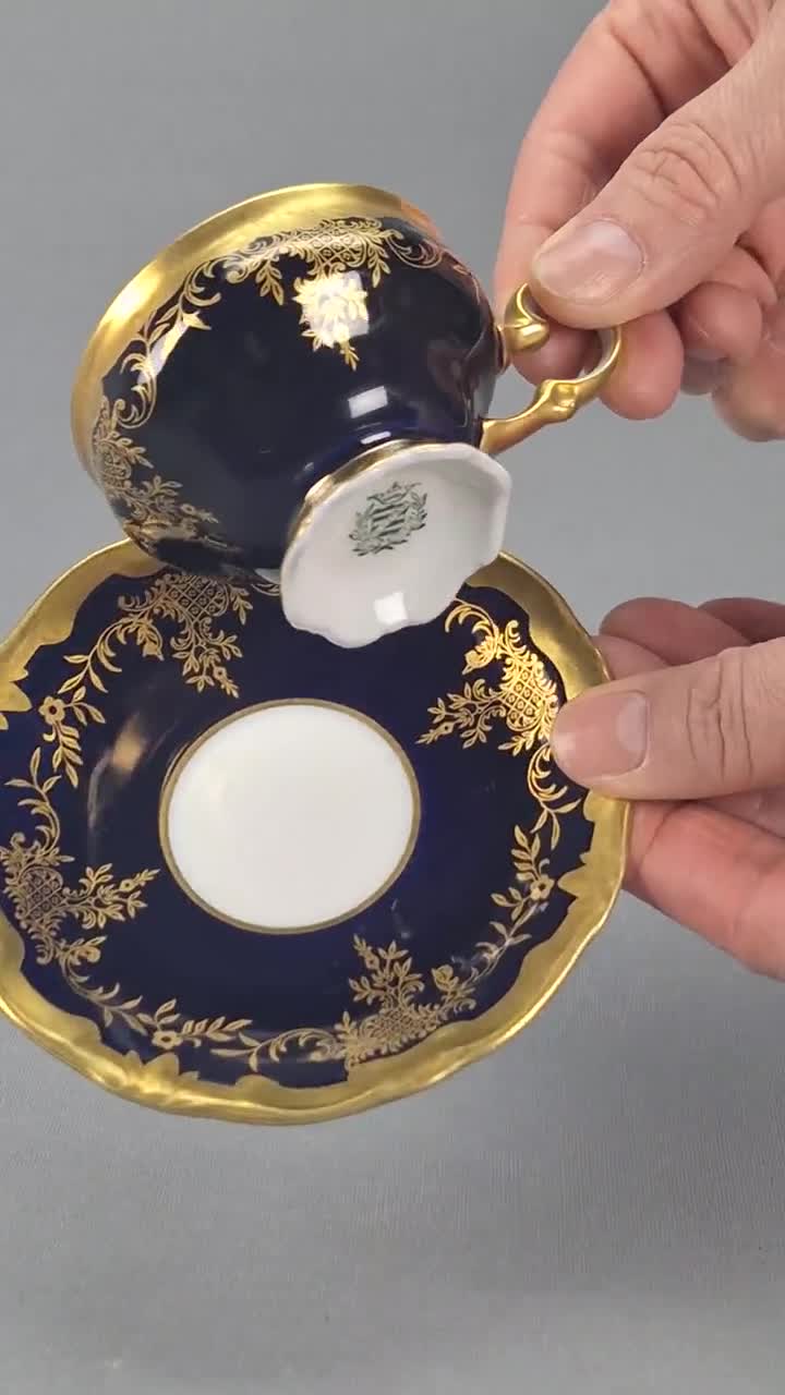 Vintage Echt Kobalt Weimar Porcelain Cup with Saucer, inspired by Baroque  and Rococo motifs with Gold Decoration, Germany, Mid-20th century