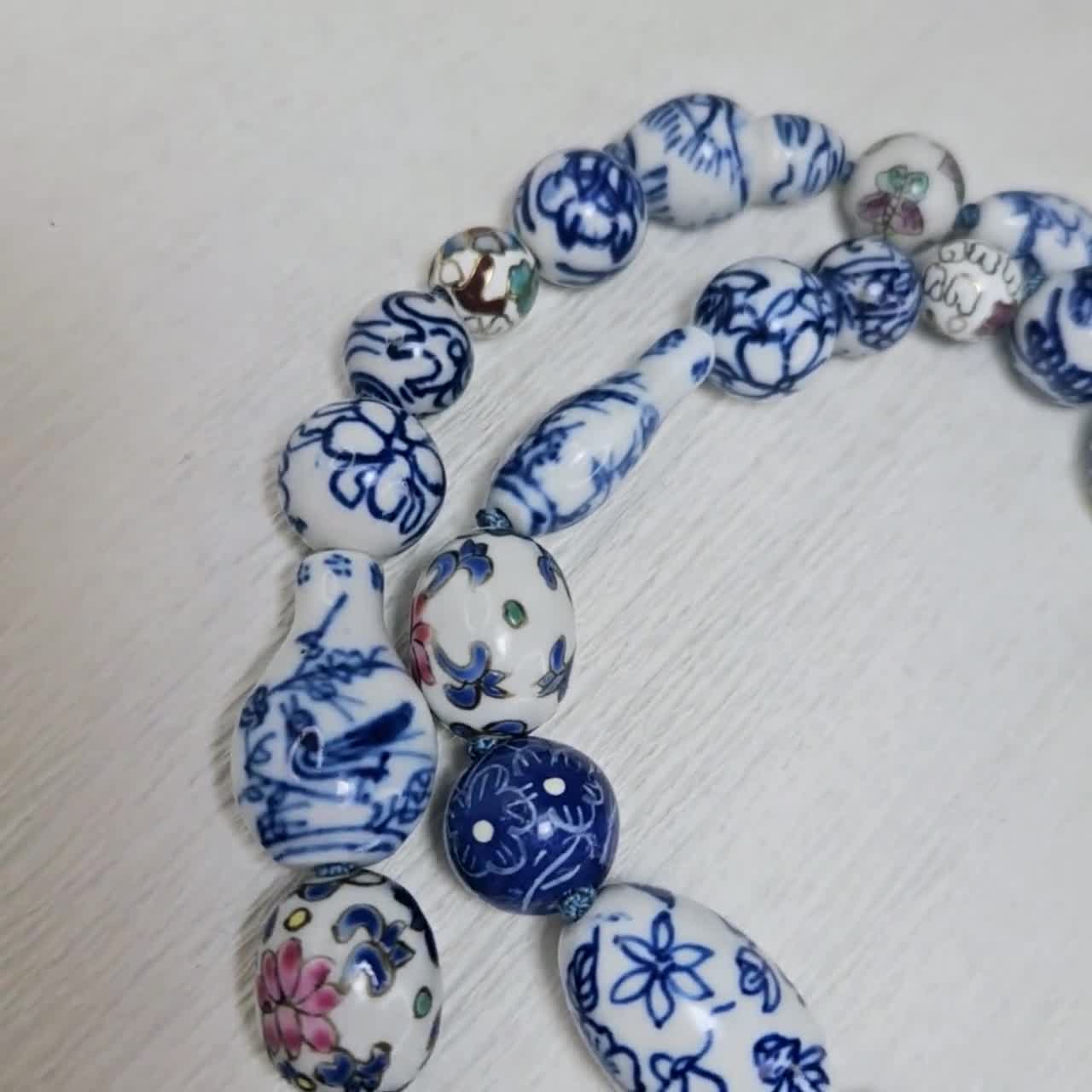 Vintage Chinese offers Porcelain Beaded Necklace Butterflies Hand Painted & Knotted 23