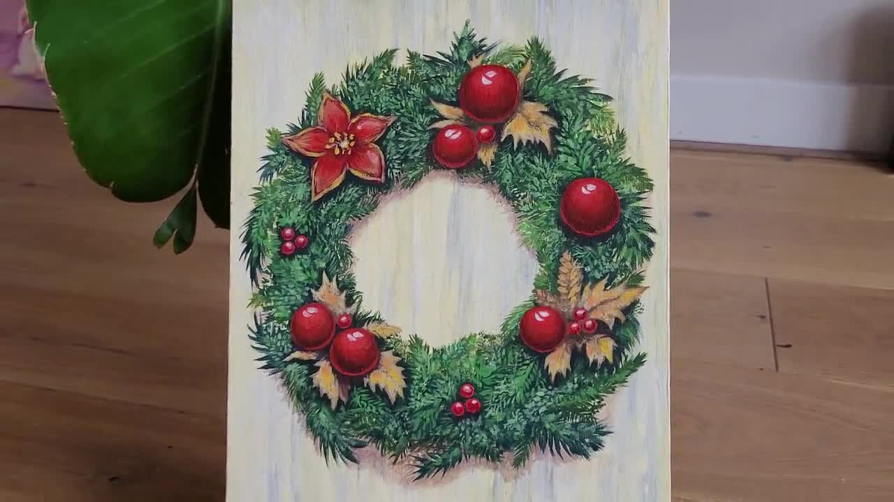 Coniferous Christmas Wreath Acrylic Painting. 100% Handmade
