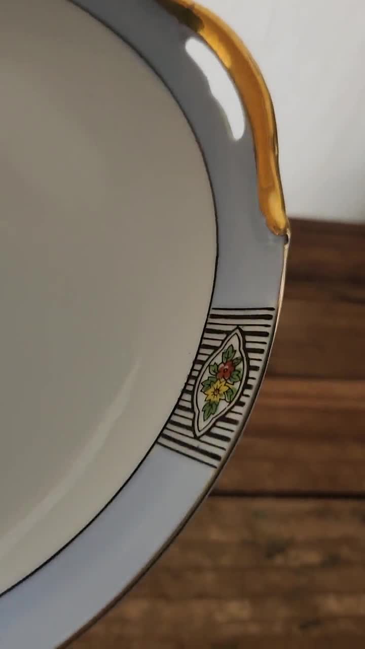 Vintage Porcelain Noritake Blue Double Handle Gold Trimmed Plate