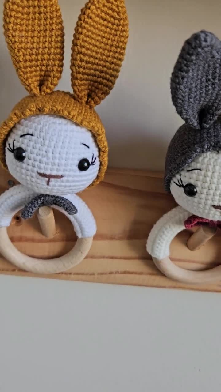 thumbnail image 2 of Handmade Elephant Amigurumi Crochet Rattler With Wooden Teething Ring 2 of 10