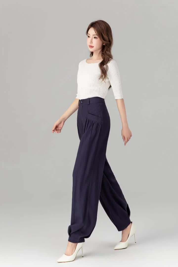 Navy loose fitting wide leg linen pants Handmade by Xiaolizi 4937