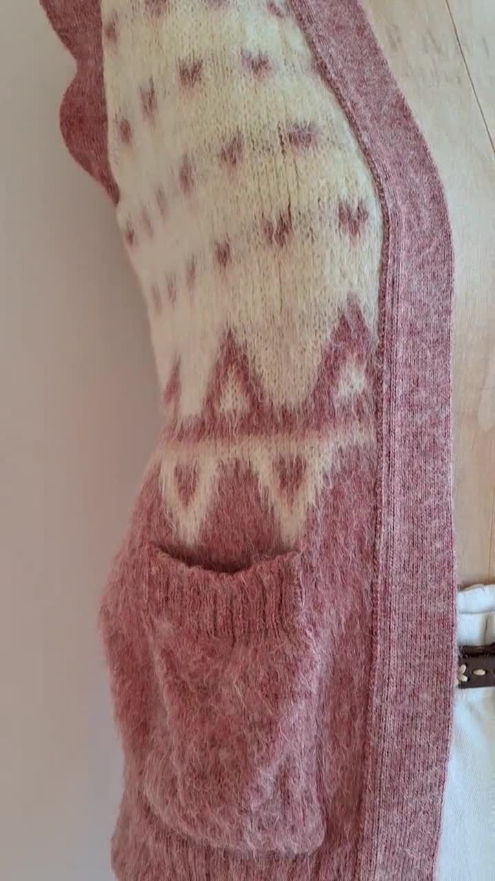 Vintage 1970s Icelandic Wool Cardigan Vest Rose and Cream