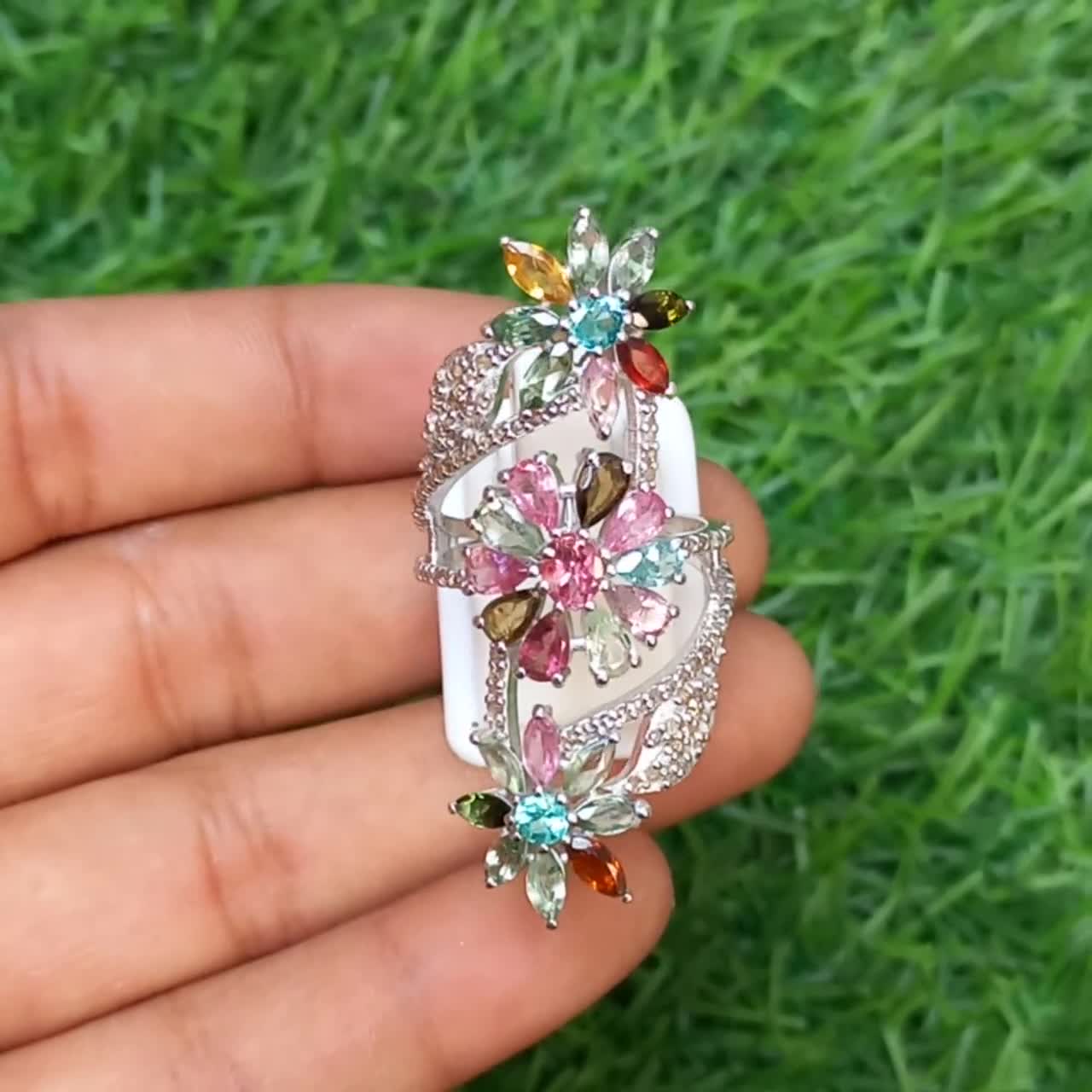 ハンドメイドスターリングシルバーマルチトルマリンフラワーリング