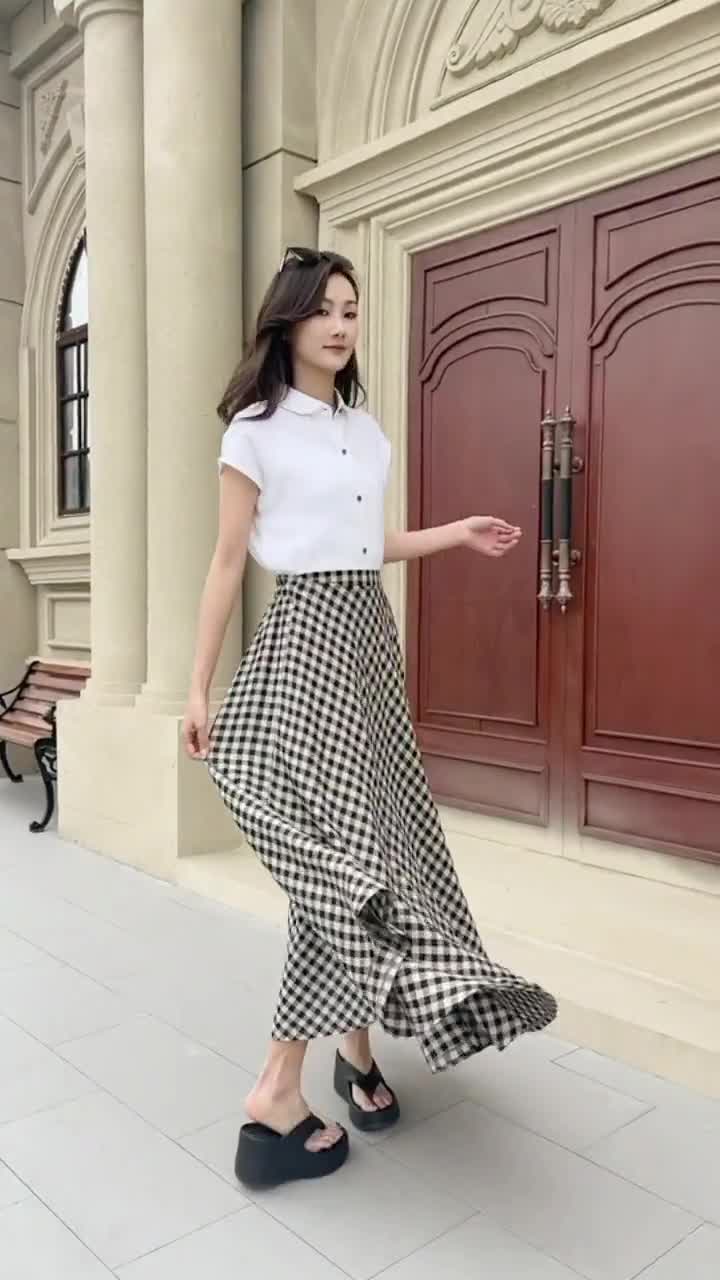 Linen Skirt, Plaid Maxi Skirt, Swing Linen Skirt, Womens