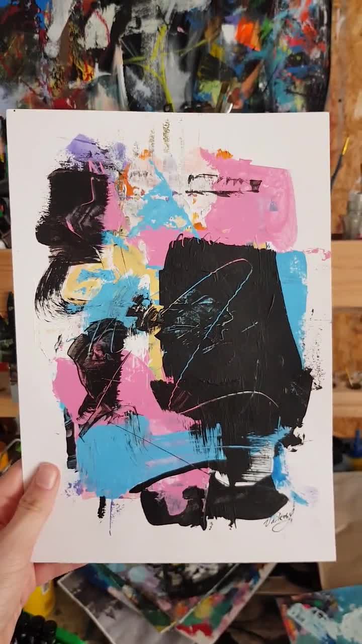 オリジナル抽象アクリル画、ピンクのカラフルなアート（A4） - Etsy 日本