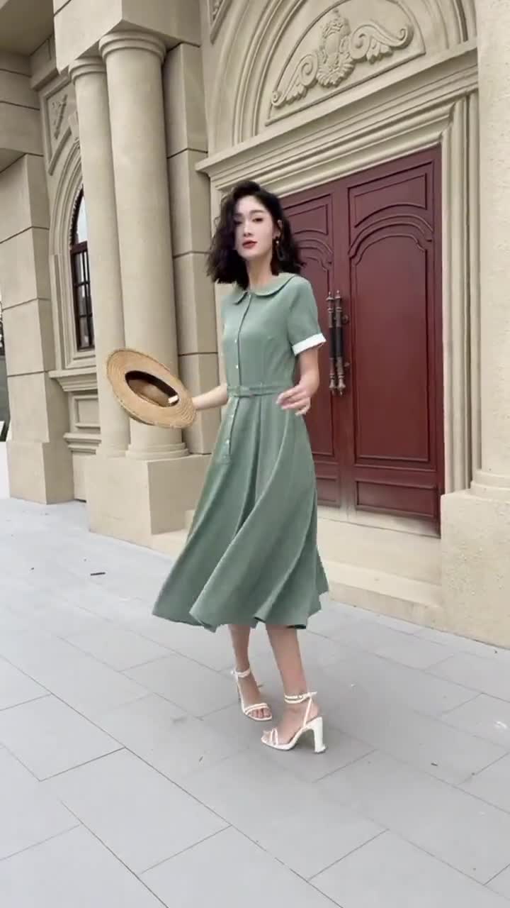 Green Shirt Dress, Swing Midi Dress, Fit and Flare Dress
