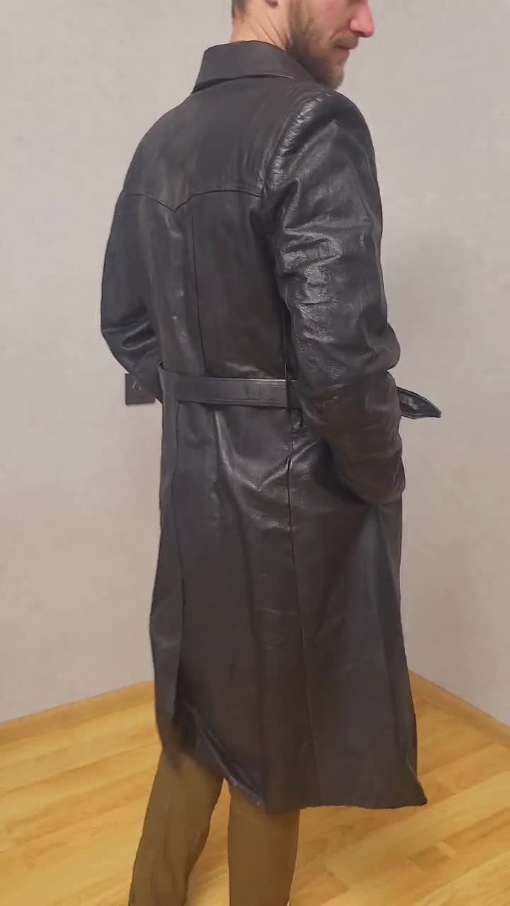 Vintage Black Leather Trench Coat, 1970s Long Belted Outerwear