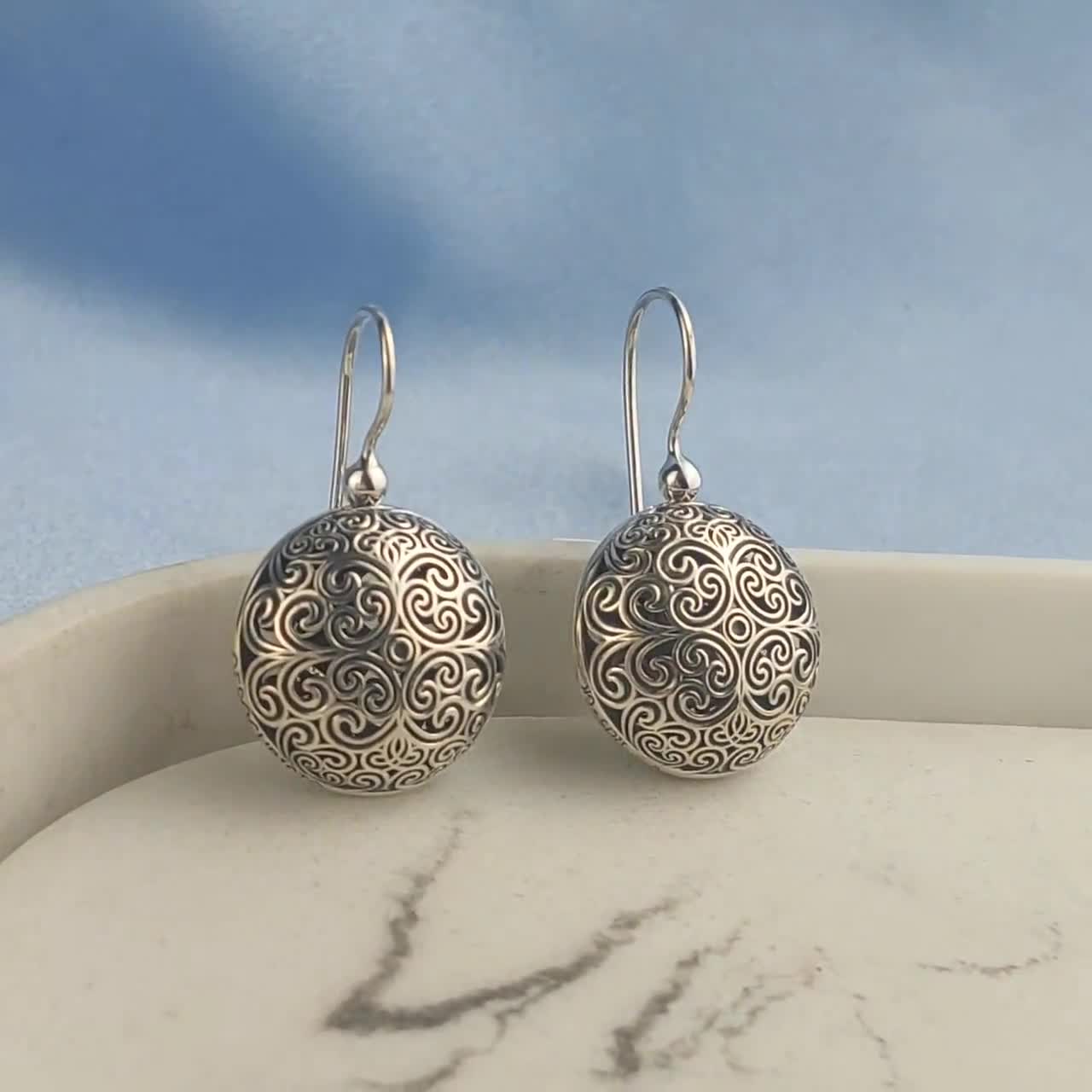 Silver Bicolor Byzantine Carved Earrings. Handmade Greek store Jewelry. Gift for Her