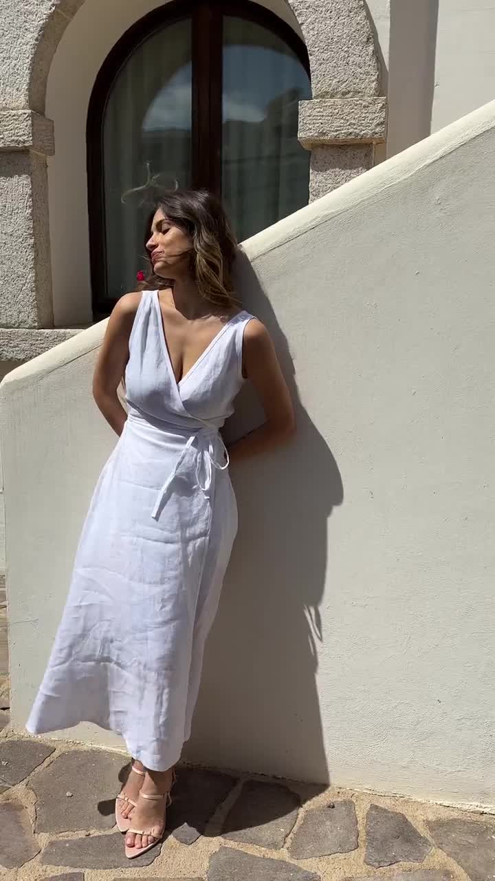 Linen Wrap Dress: Sleeveless Fit & Flare V-neck Summer Dress