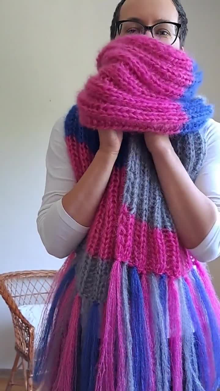 Colorful Knit Mohair Scarf With Tassels, Oversized Woolen