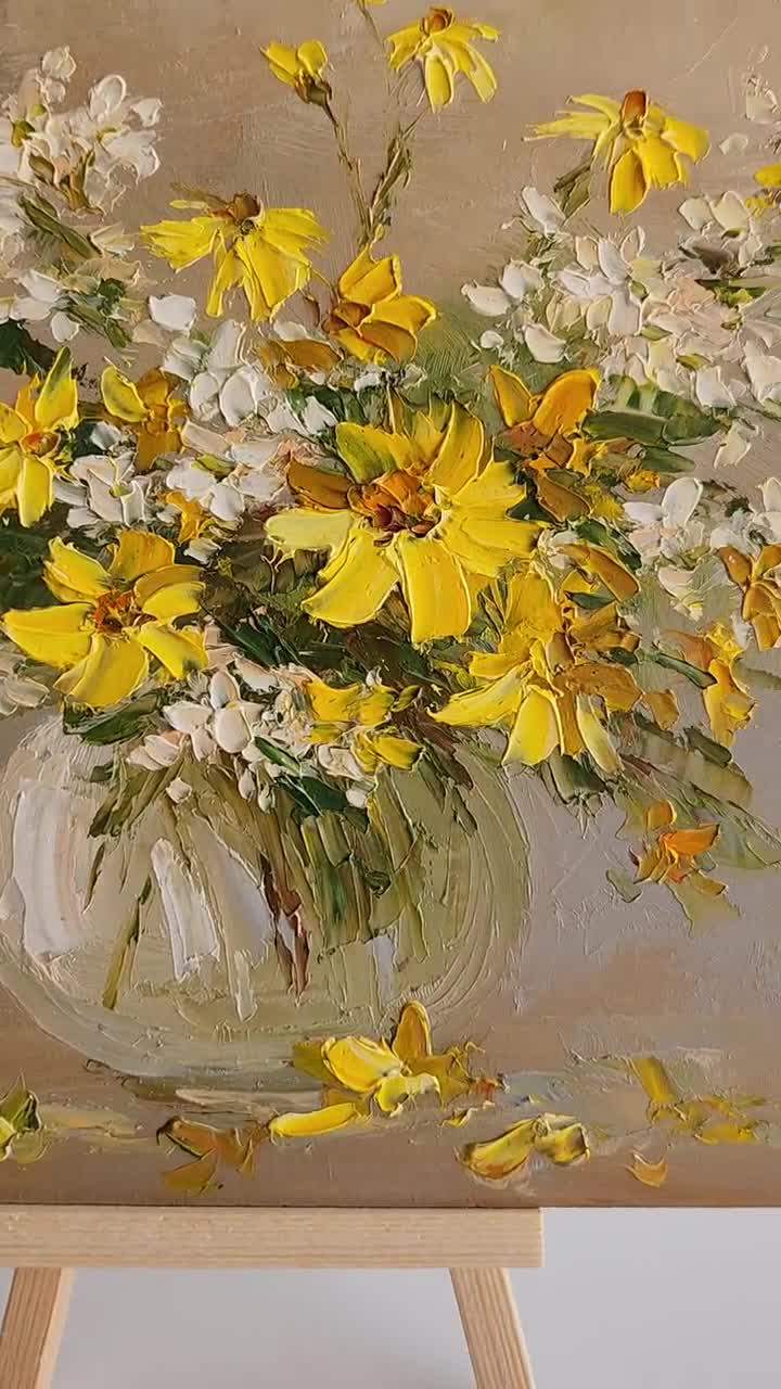 カモミールデイジーの油絵：インパストフラワーブーケ、8x8 - Etsy 日本