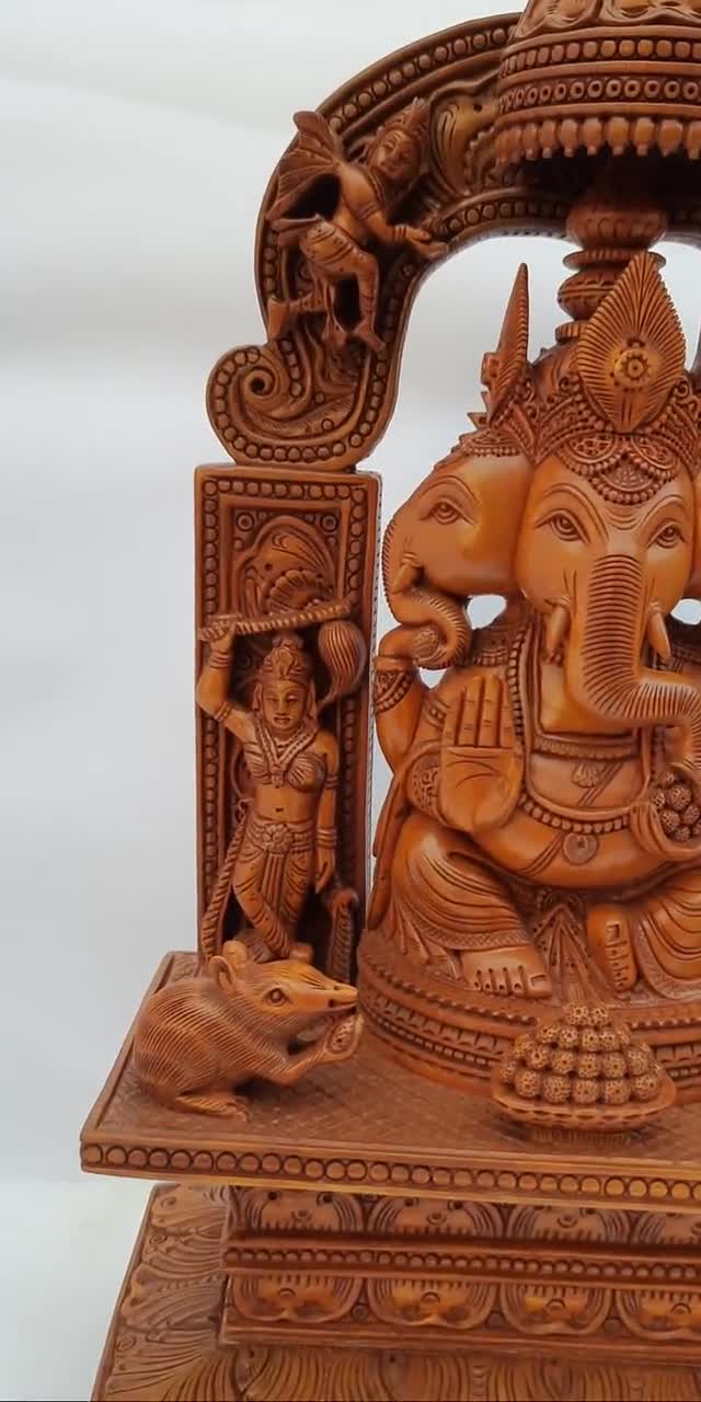 手彫りの木製ガネーシャ像、幸運を呼ぶ新築祝いのギフト、16インチ