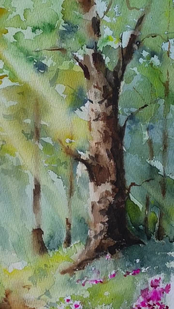 春の森のオリジナル水彩画、花と木々のある下草、自然風景の壁画、森の