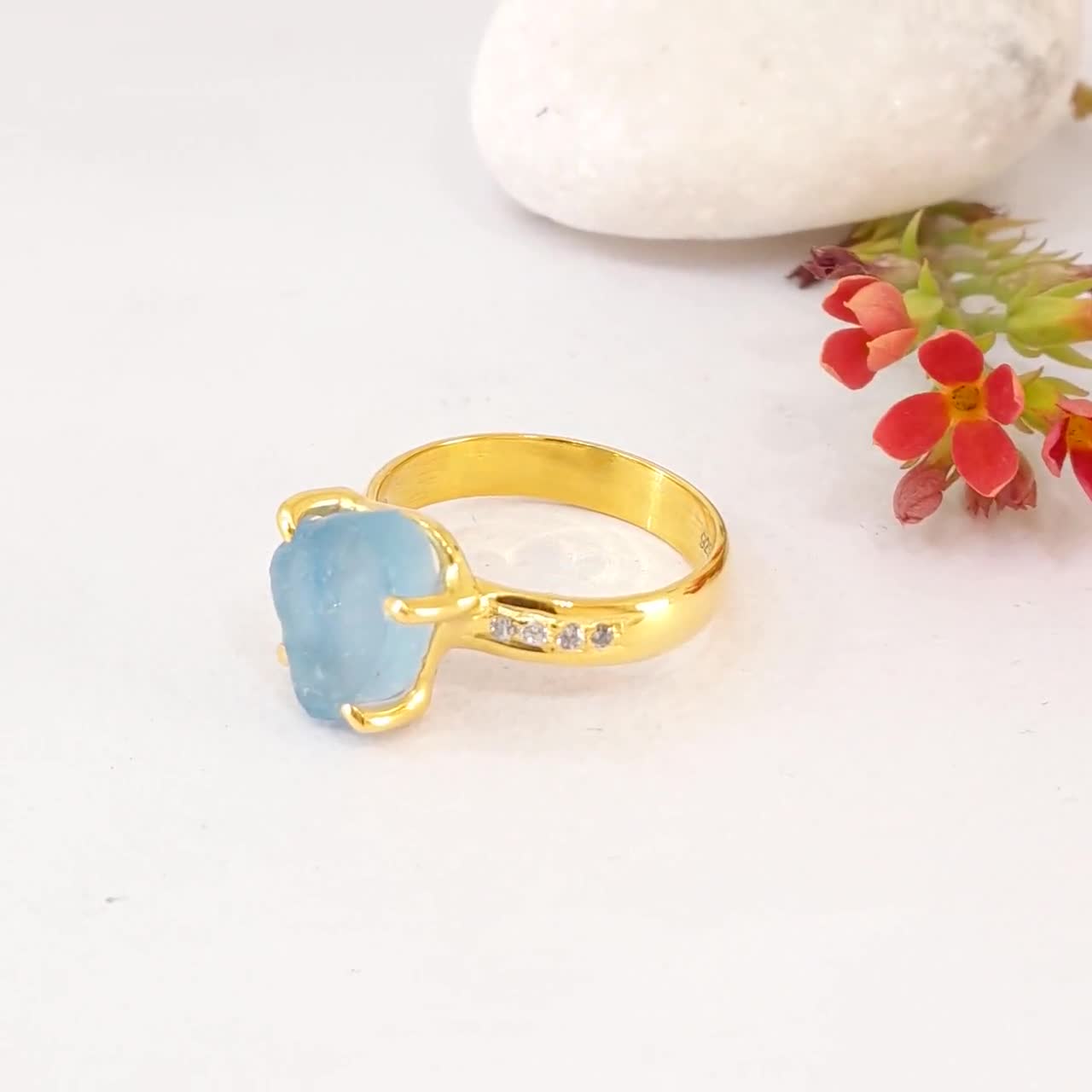 天然アクアマリン 14K ゴールド リング、スターリングシルバー 天然アクアマリン 14K ゴールド リング、スターリングシルバー