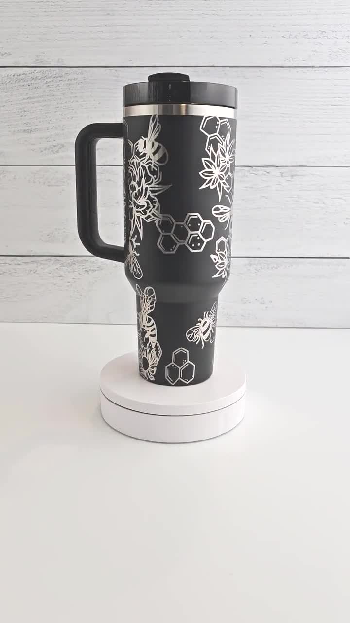 Stanley tumbler engraved with bumble bee and honeycomb design | Black Stanley Quencher 40oz perfect gift for nature lover or gardener video poster