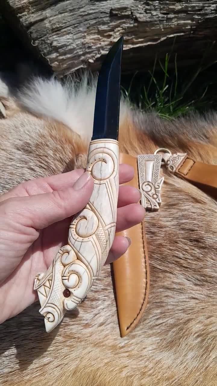 Hand-carved Viking Seax Knife: Dragon Handle, Carbon Steel Blade