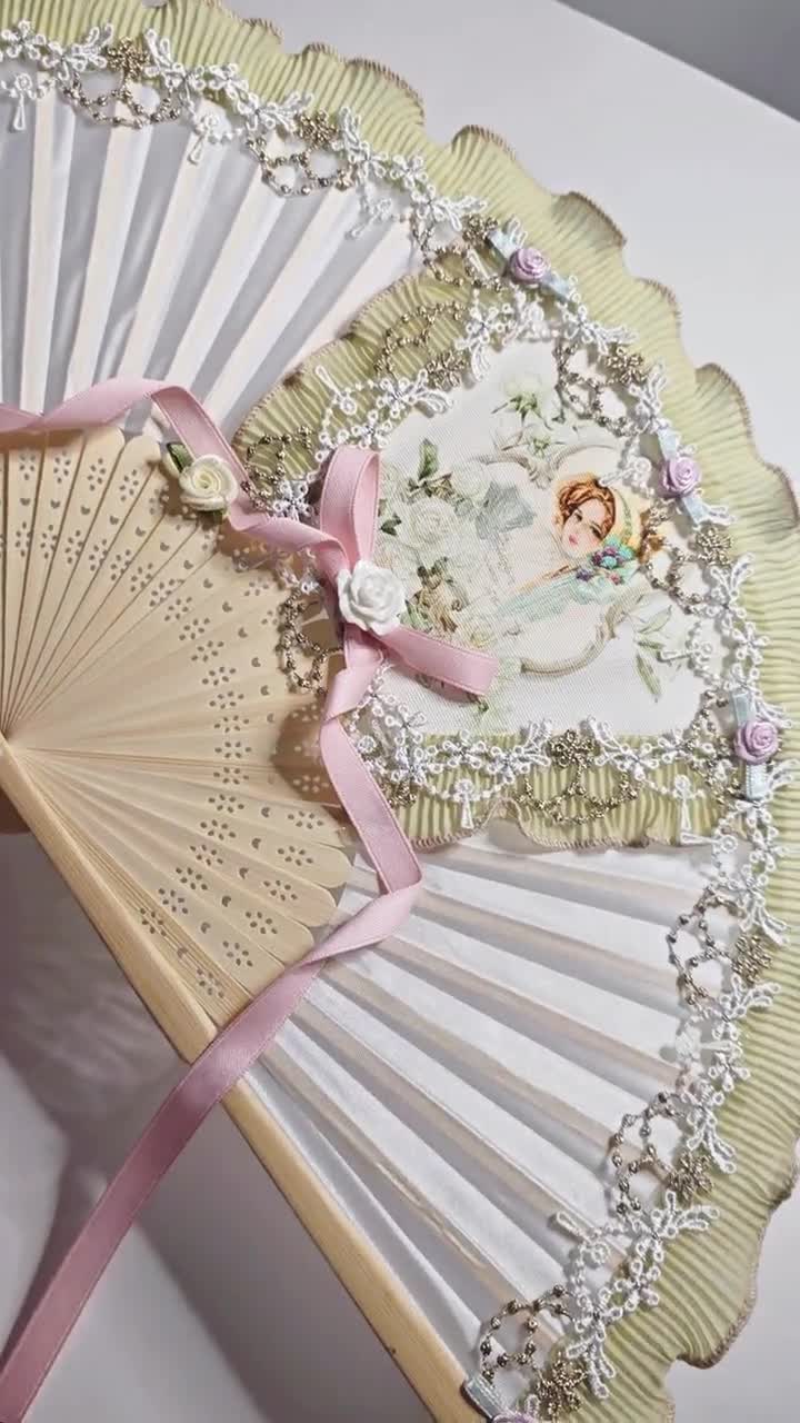 Victorian Fan, Beige Pink Green, With Laces, Ribbons and Oil