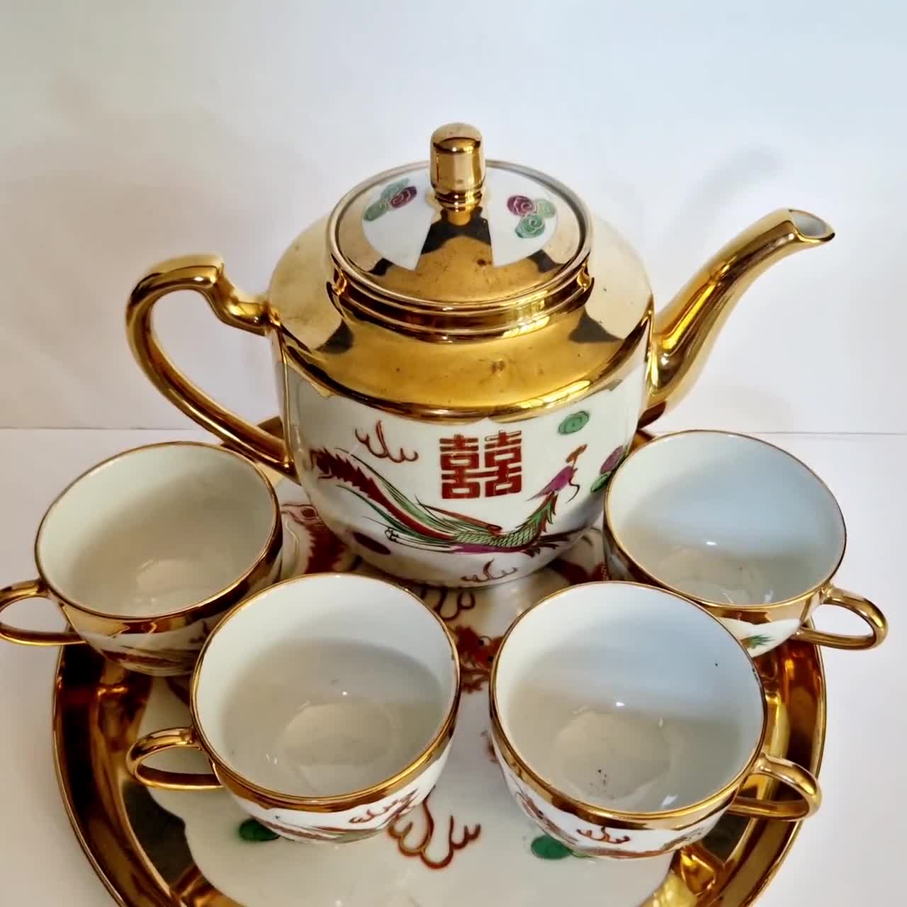 Vintage 22K Gold Dragon & Phoenix Porcelain Tea Set, Gilded