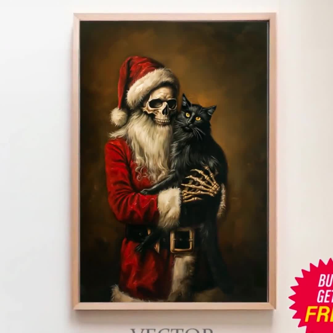 黒猫を抱くスケルトンサンタ、ゴシッククリスマス、ビンテージポスター