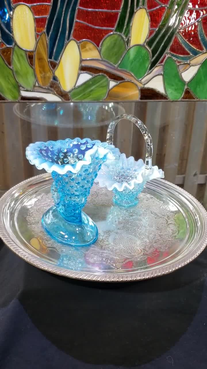 Fenton Glass Basket and Horn: Blue Hobnail Opalescent - Set - Etsy
