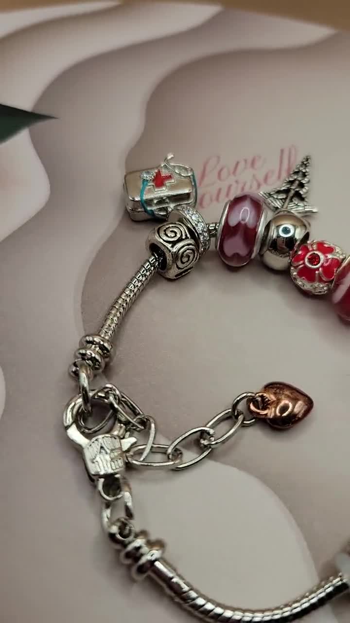 Bracciale Per Infermiera Con Ciondoli In Pietra Naturale, Set Con Simboli Medicina: Cuore Con Cappello, Siringa E Stetoscopio, Regalo Apprezzamento - 4