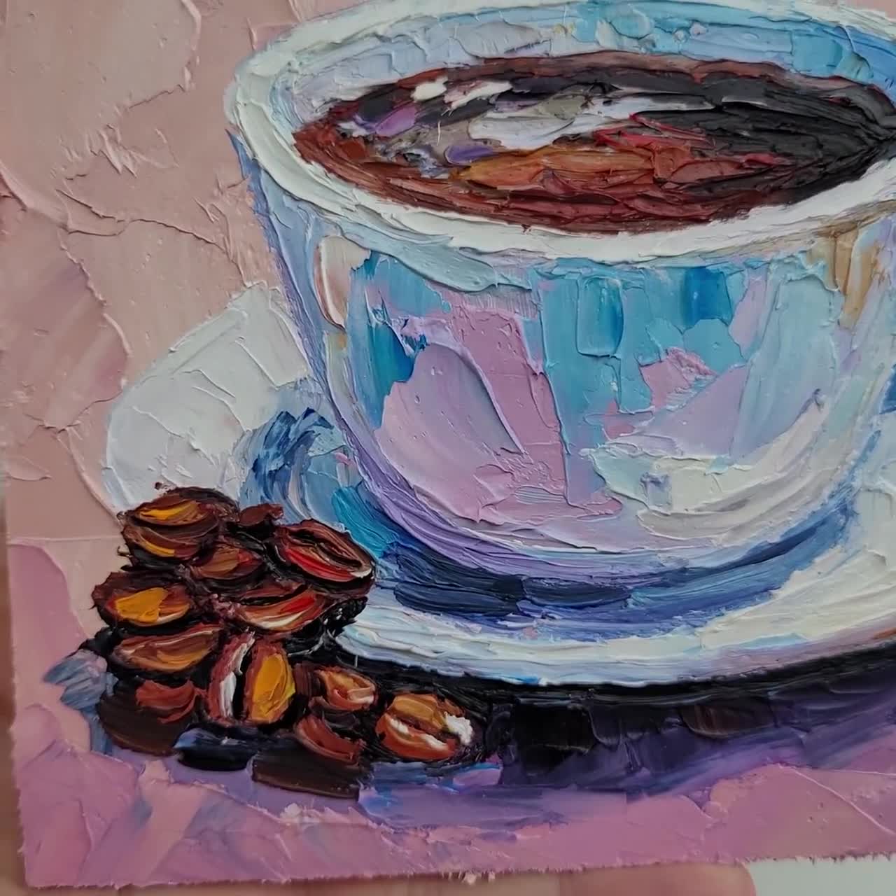 コーヒーカップの油絵オリジナルアートインパストキッチン静物画朝食