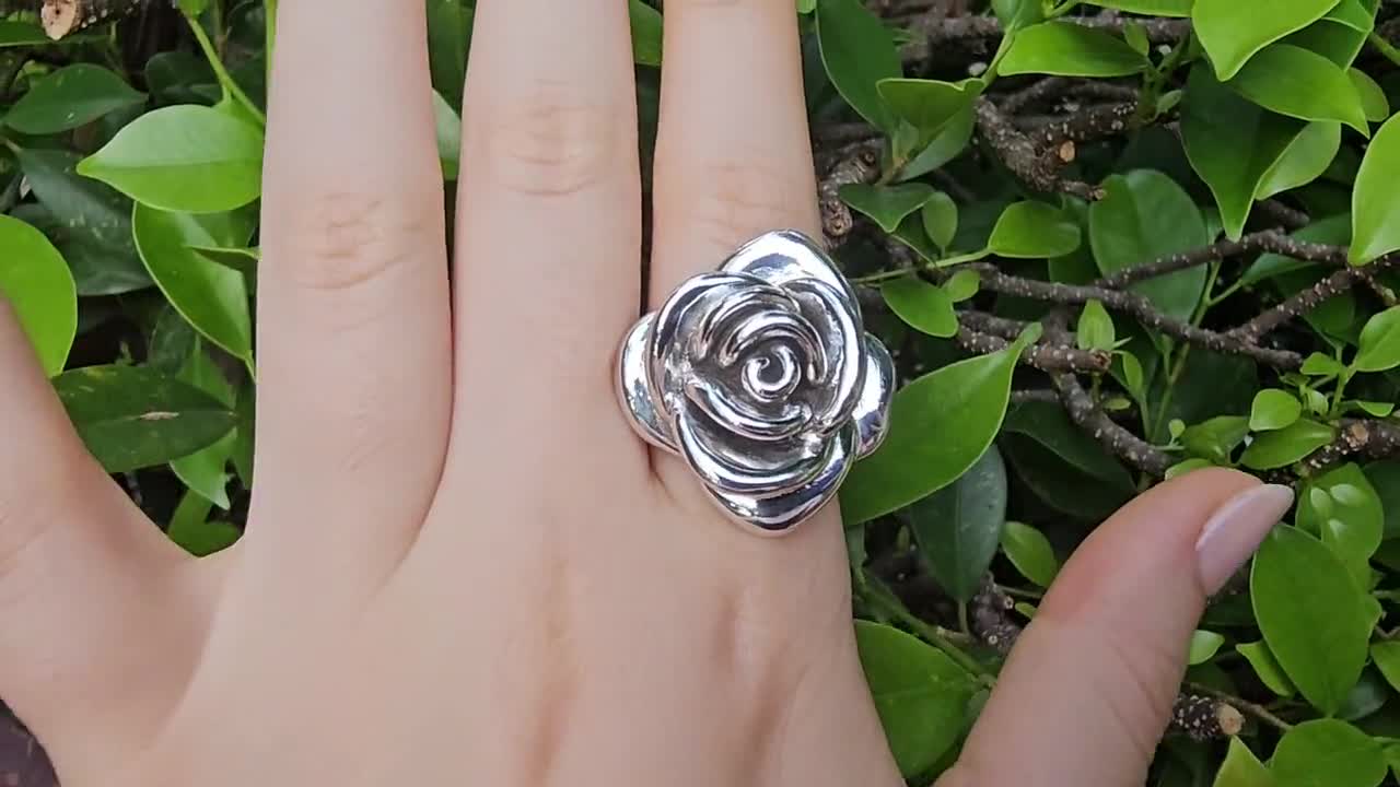 Large Rose Flower Ring STERLING SILVER 925 Massive Rose Floral
