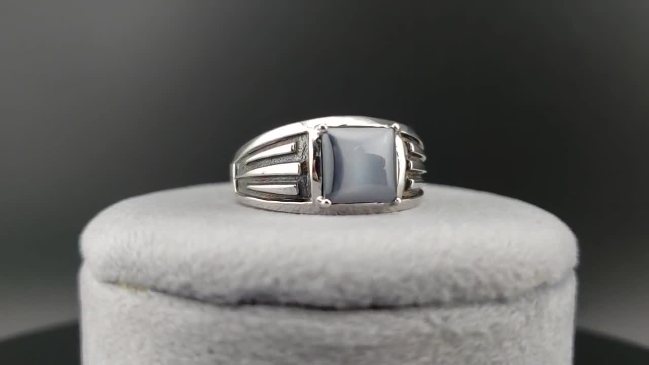 Mens Rings, Cats Eye Rings, Mens 14k White Gold Gray Cats