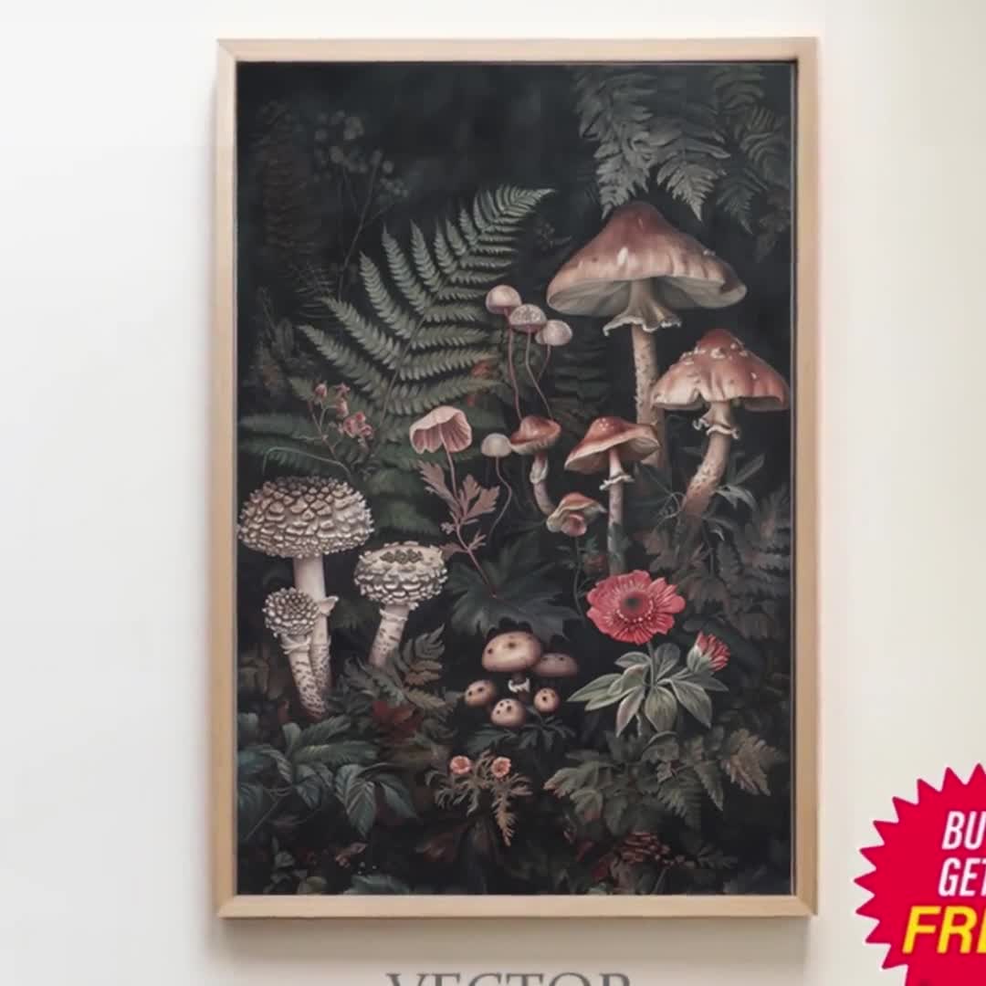 植物性キノコのダークコテージコアプリント、ムーディなウォールアート