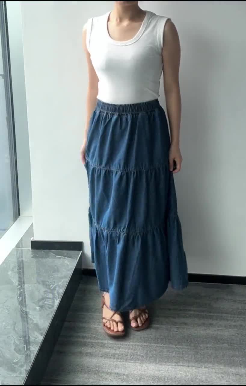 ☆送料・関税込☆WOOALONG★Tin denim maxi skirt★スカート★ Denim Maxi Skirt Women, Tiered Denim Maxi Skirt Without Slit