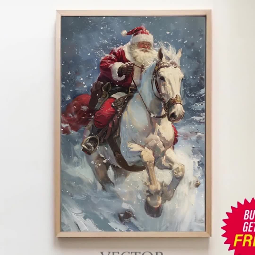 馬に乗るサンタ 素朴なクリスマス ウォール アート、ホリデー