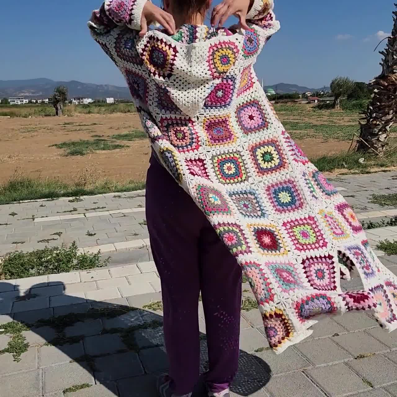 Crochet Long Cardigan, Granny Square Hooded Jacket, Boho