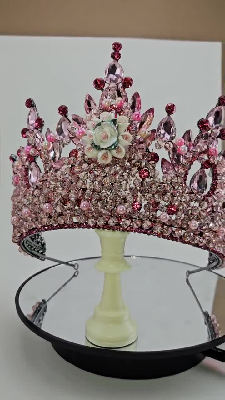 Pink Quinceanera Crown, Tall Pink Quince Tiara, Pink Crystal Pink Quinceanera Crown, Tall Pink Quince Tiara, Pink Crystal