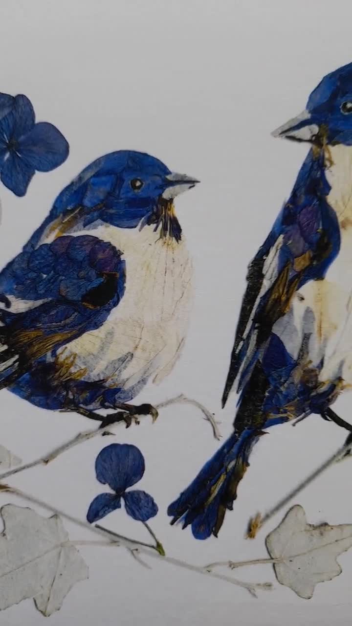 ブルーバードの押し花プリント、鳥の花のプリント、自然アート、愛と鳥