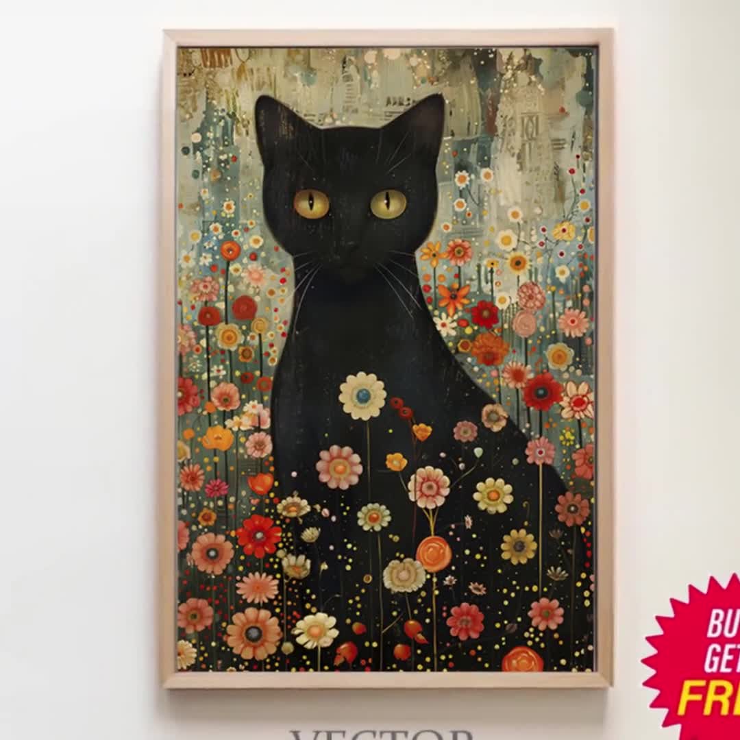 風景画 黒猫と庭のアート グスタフ・クリムト、庭の黒猫 ウォールアート プリント ポスター 額
