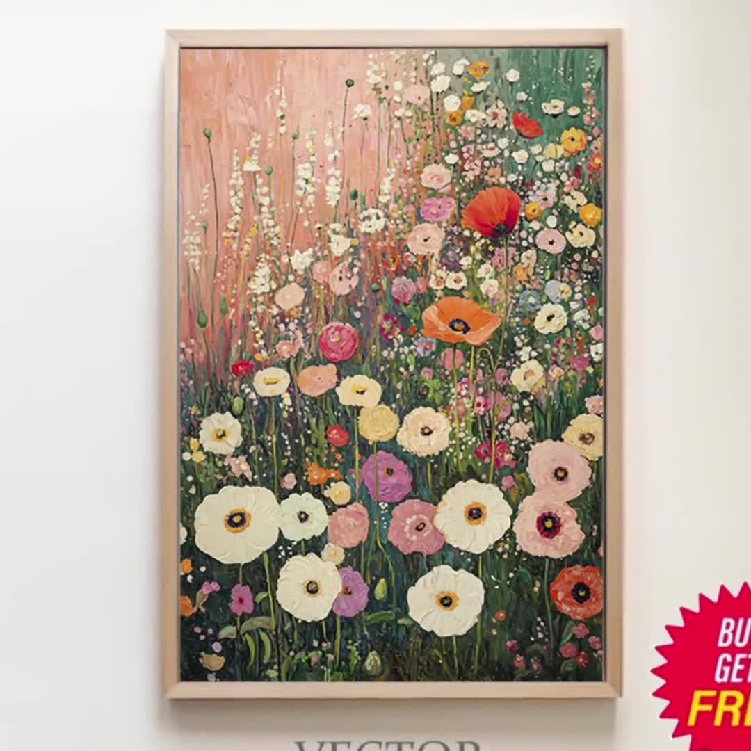 グスタフ・クリムトの花の庭 ピンクと緑の壁アートプリントポスター 額