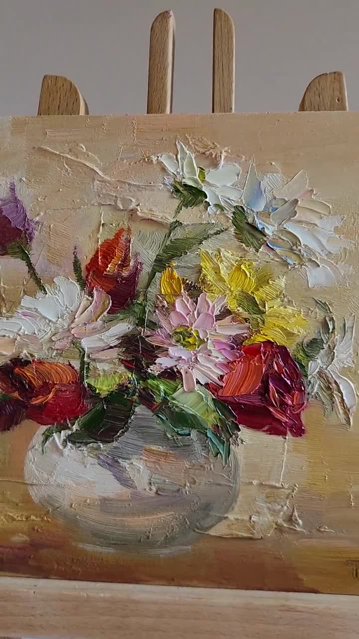 オリジナルの夏の花の油絵：パレットナイフのバラの花束、8 x 8インチ
