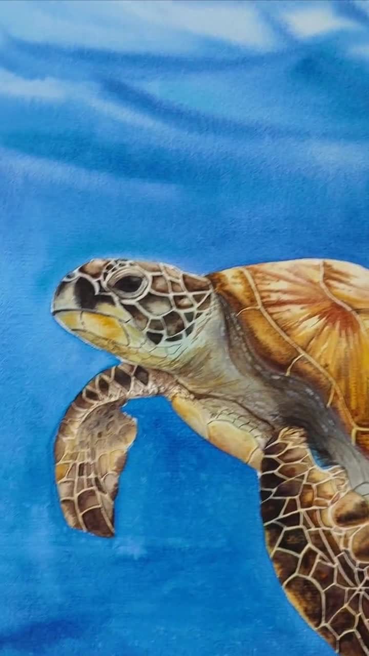 オリジナル水彩画、ウミガメの絵画、ウミガメの壁アート、海の動物の