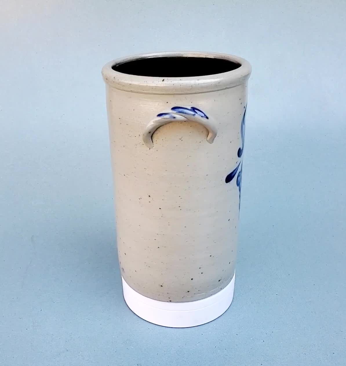 Rowe Pottery Handled Stoneware Crock Utensil Holder - Cobalt Blue