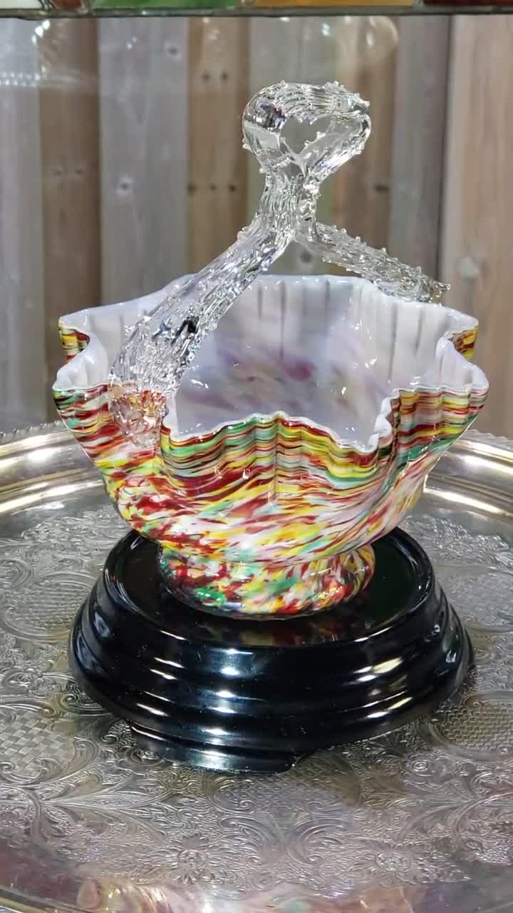 Vintage Franz Welz Czech Splatter Glass Basket With Thorn Handles
