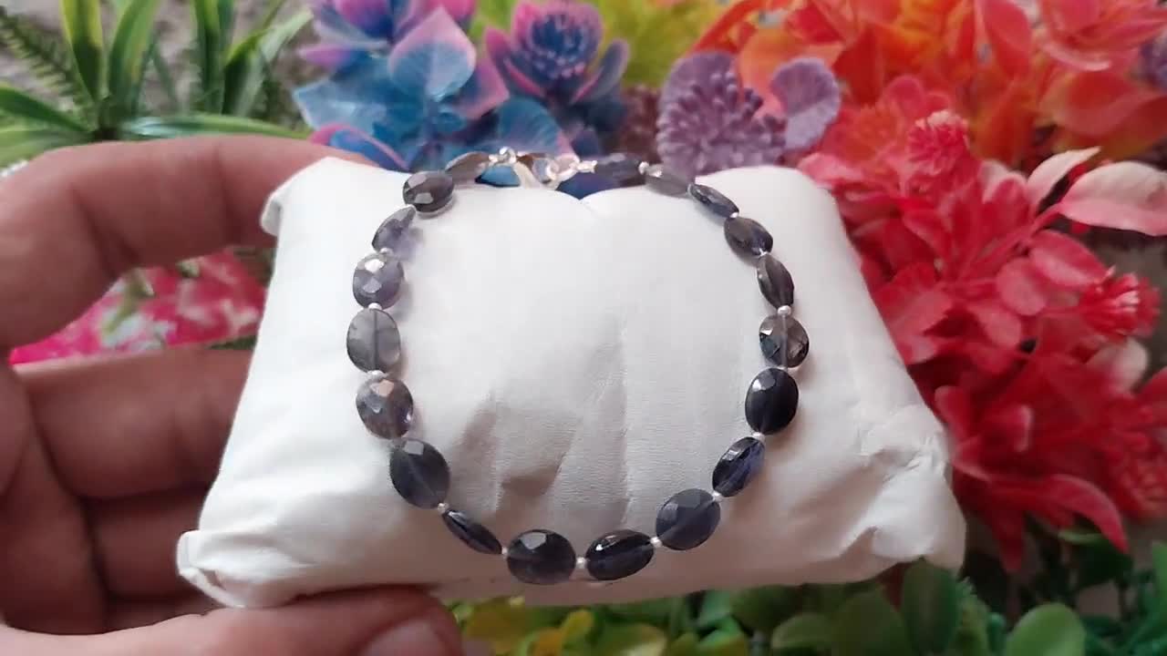 Bracelet Ethnique En Iolite Ovale - Fait Main, Plaque Argentée, Pierre Bleue | Bijou Cadeau Anniversaire Noël