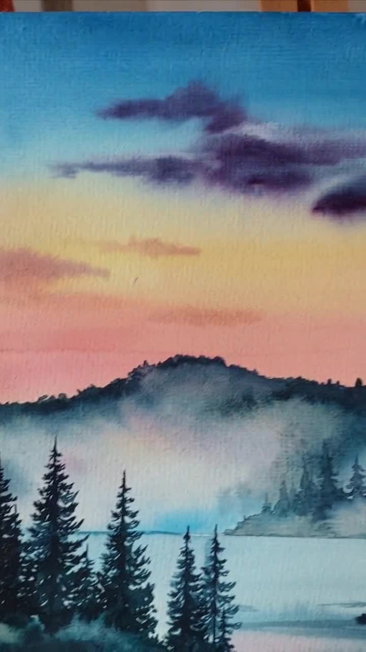 オリジナル水彩画、冬の山の湖面の反射、16x11インチ、額装なし - Etsy