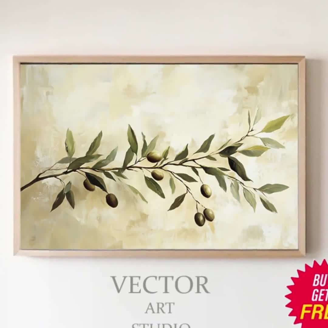 オリーブの枝の絵画 | オリーブの木の植物アート | 落ち着いた色彩