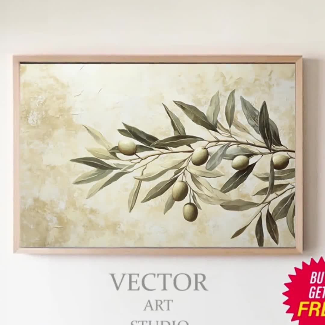 オリーブの枝の絵画 | オリーブの木の植物アート | 落ち着いた色彩