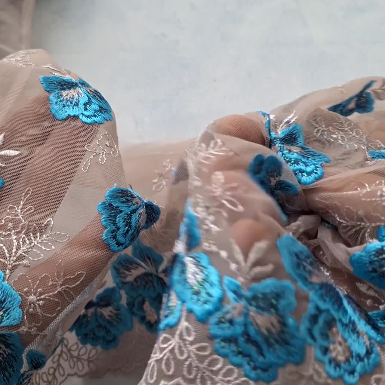 Beige Blue Embroidery Tulle Lace Trim, Stretchy Bright Mesh Lace