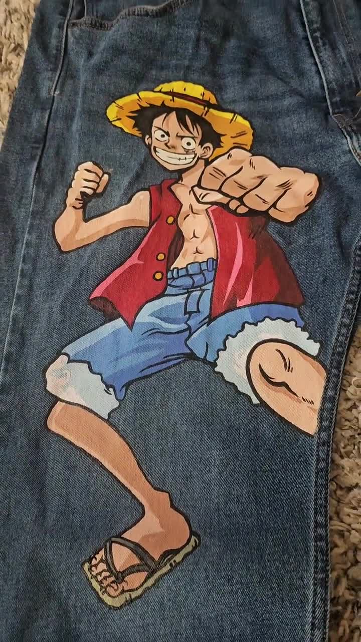 コミック・アニメ ONE PIECE keep on your jeans spirits One Piece Luffy Hand Painted Denim Jeans - Etsy UK